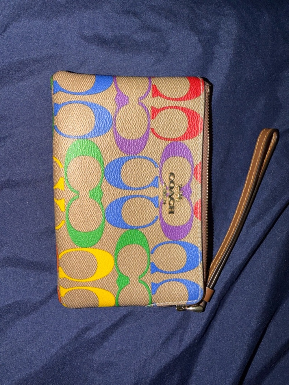 Coach Brown Interior Leather Wristlet with Rainbow Logo Accent